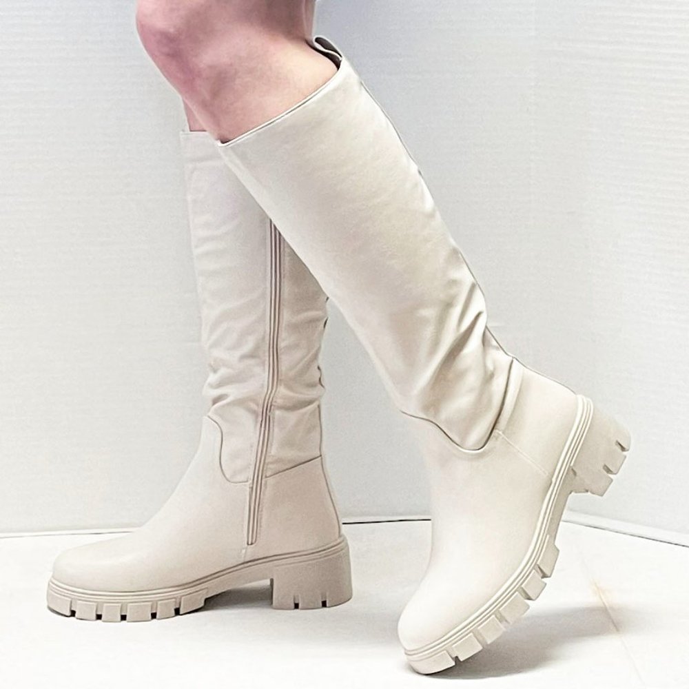 New Ivory Beige Round Toe Chunky Heel Knee High Riding Boots